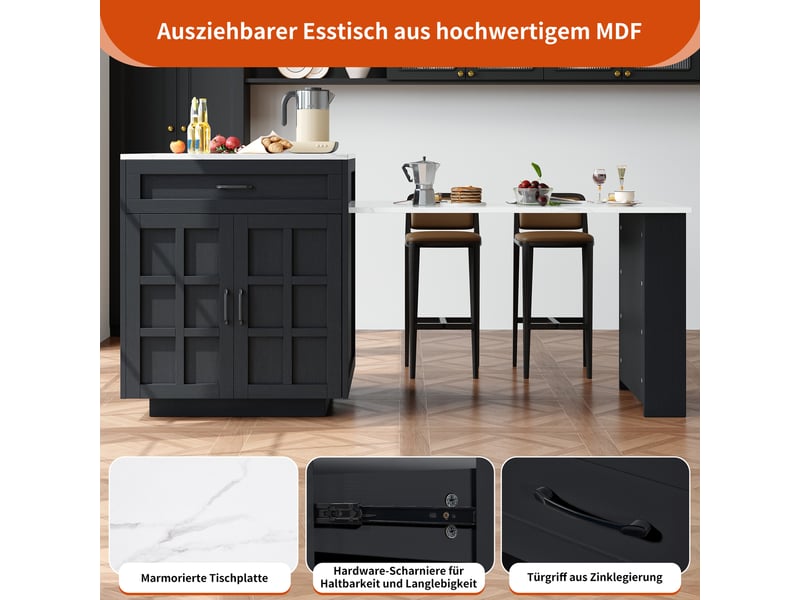  Table de bar extensible avec rangement et plateau effet marbre - lpospi - niches et tiroir, mdf noir 133–202 × 70 × 93,5 cm  - Conforama E
