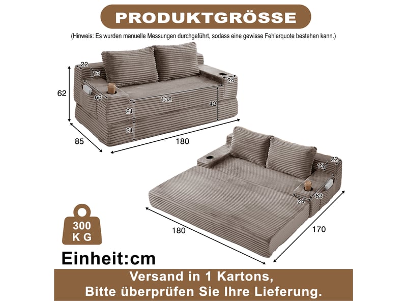 Canapé convertible, canapé-lit, en velours tricoté, porte-gobelets, 2 en 1, pour salon, adapté à l'espace de vie, chambre - Conforama R