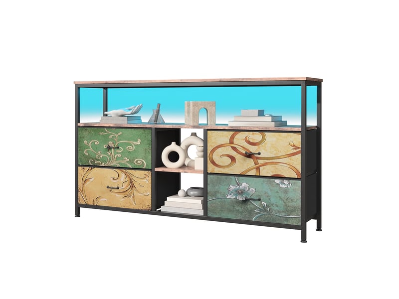  Meuble tv - 108x29,8x76,8cm - avec 4 tiroirs motif artistique et étagère ouverte, éclairage led - bois rustique  - Conforama A
