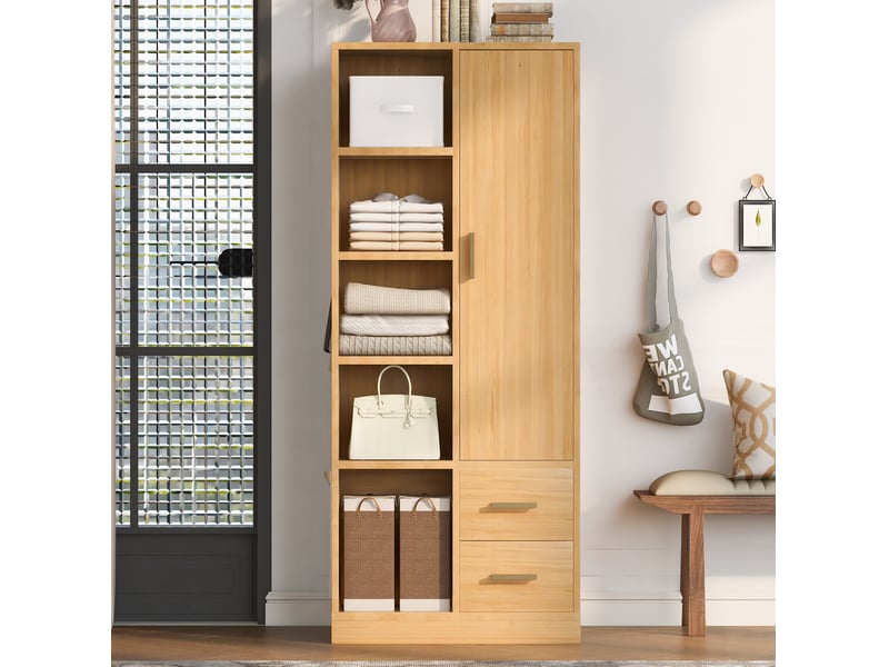  Armoire 1 porte avec 2 tiroirs et 2 penderies 70x50x170 cm coloris bois naturel  - Conforama B