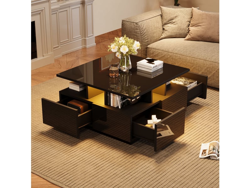  Table basse led 70x70x40 cm noire brillante avec 4 tiroirs  - Conforama E