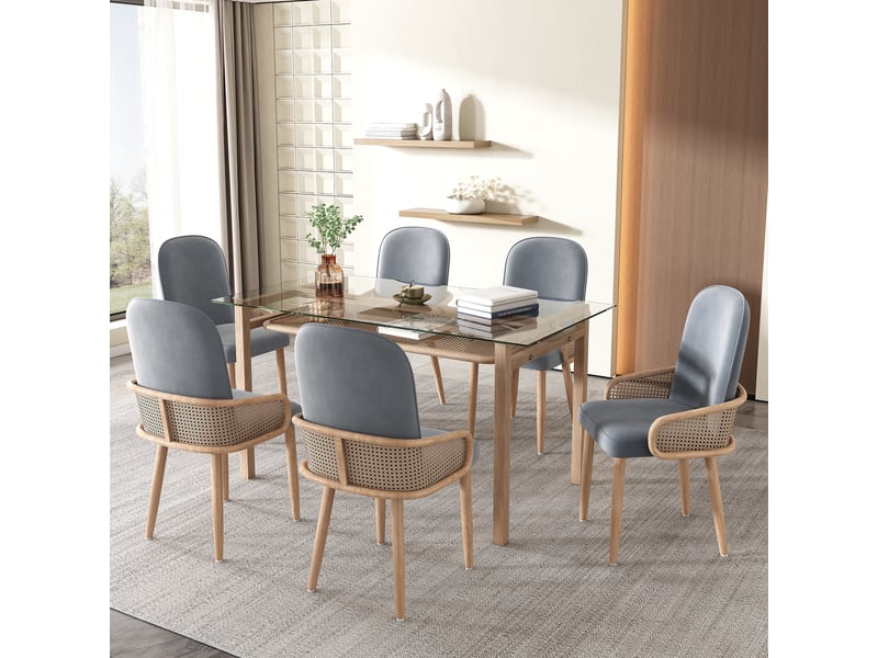  Chaises de salle à manger lot de 6 à dossier aspect rotin  - pieds en métal effet bois, velours gris  - Conforama B