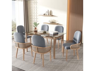 Chaises de salle à manger lot de 6 à dossier aspect rotin  - pieds en métal effet bois, velours gris