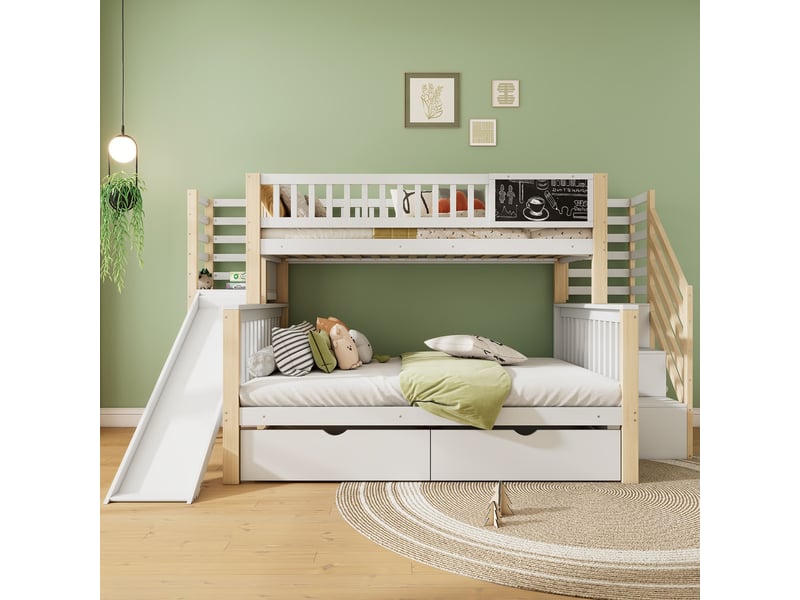  Lit superposé enfant avec toboggan 140x200 et 90x200 - rangement et escalier - bois massif blanc  - Conforama E