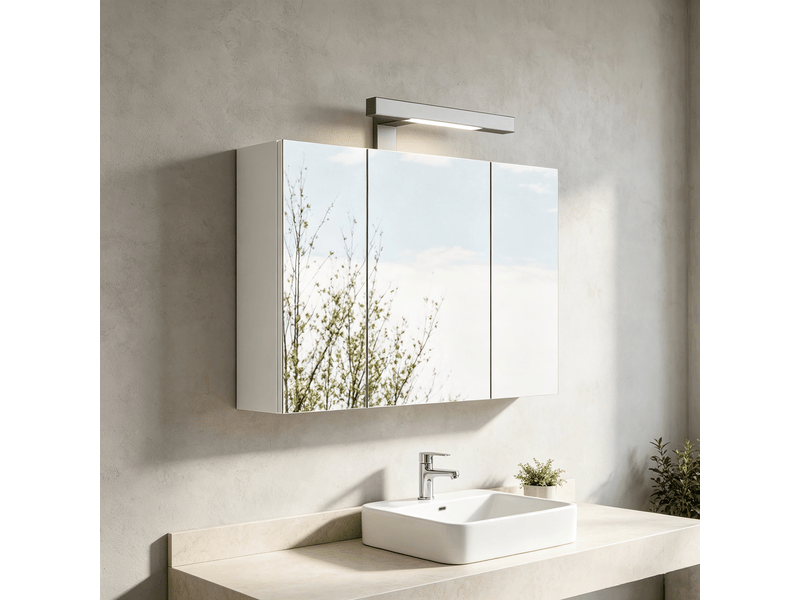  Meuble de salle de bain avec miroir led de 60 cm, 3 portes, prise schuko et étagères en verre réglables, blanc.  - Conforama B