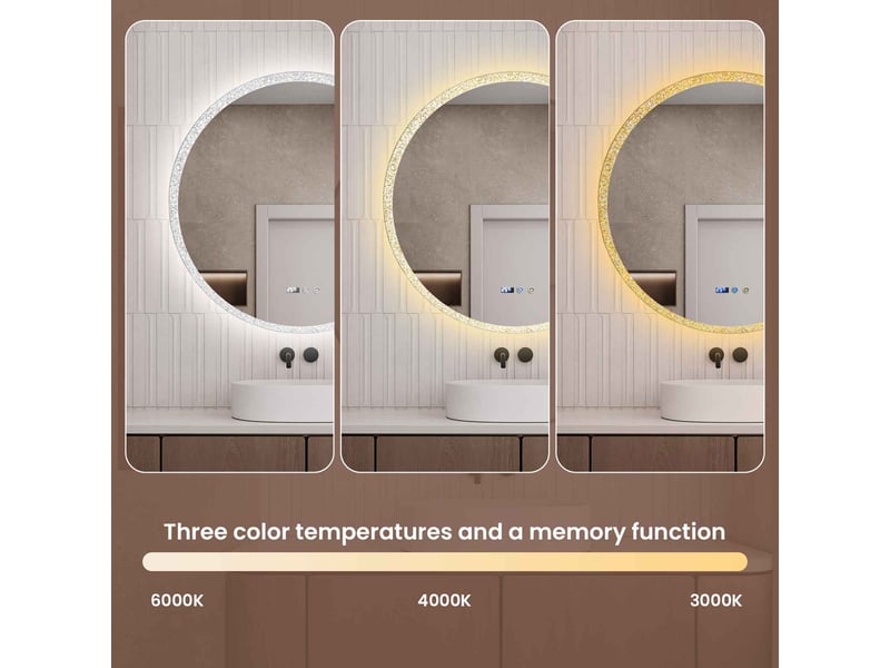 Miroir rond led 70 cm cadre cristal scintillant, 3 couleurs, luminosité réglable, tactile, mémoire, horloge, verre sécurit, salle de bain - Conforama B