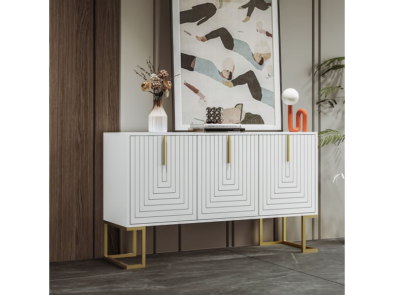 Buffet 3 portes 138 x 40 x 80,5 cm, étagères réglables, façades rainurées, poignées métal, blanc Jamama eleni - Conforama D