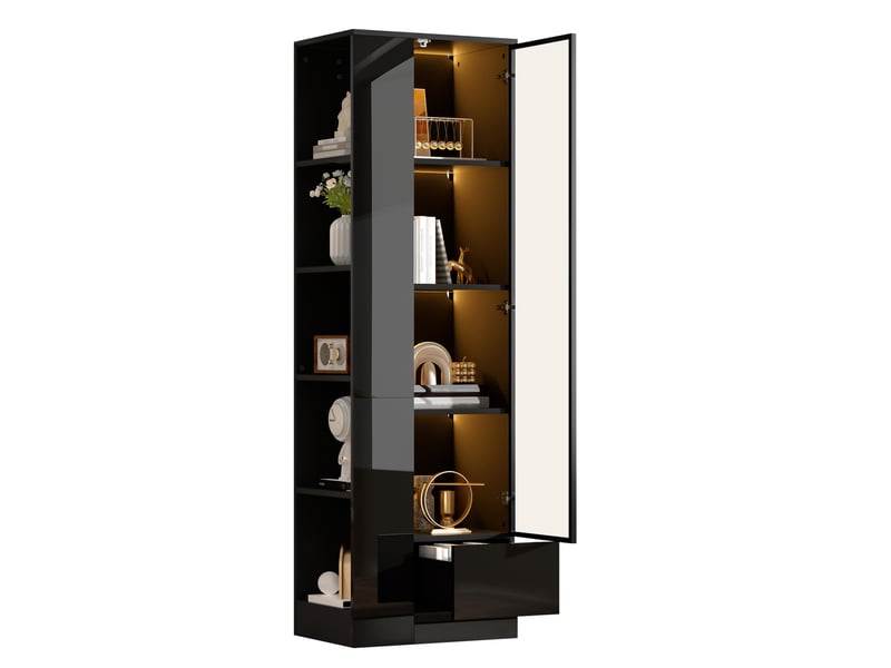  Vitrine avec porte vitrée 50x35x160 cm – noir – led réglable, tiroir, étagères ouvertes, finition brillante  - Conforama A