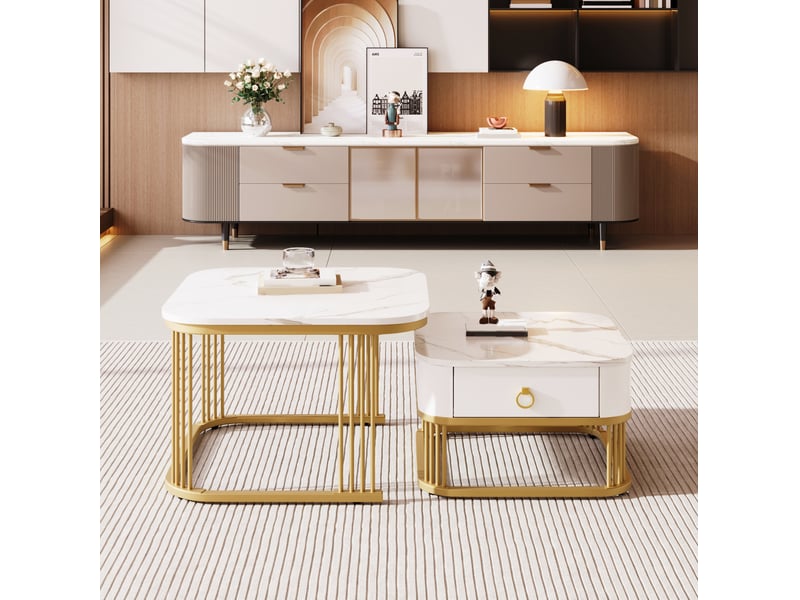  Tables basses gigognes 60x60x45 cm et 50x50x34 cm avec tiroir, blanc et doré  - Conforama D
