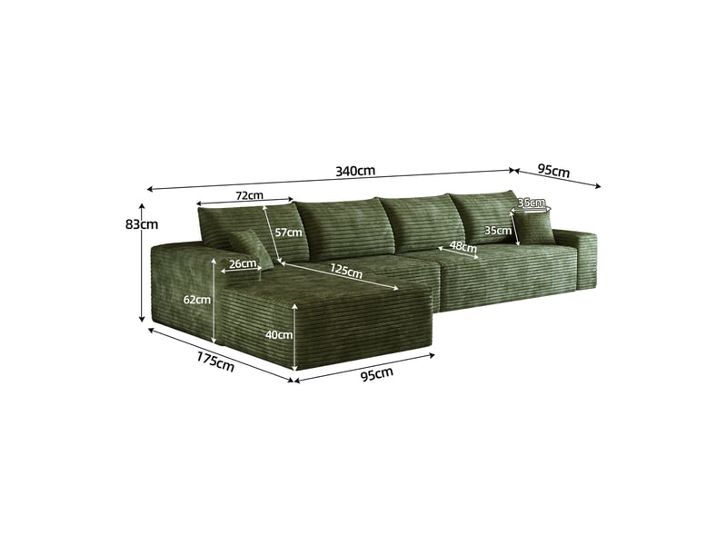  Canapé d'angle modulable 4 places en velours côtelé vert, 340 x 175 x 83 cm, méridienne gauche, sans montage, livré compressé, assise profonde CARDUME ESTIVAL - Conforama C