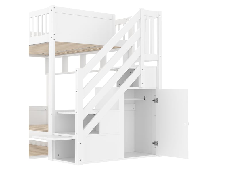  Lit superposés enfant 90x200cm avec lit gigogne, rangement, armoire, garde-corps, sommiers, pin blanc, sans matelas  - Conforama R