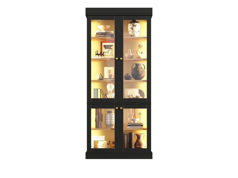  Vitrine haute 80 x 40 x 180 cm - avec led multicolore, portes vitrées, étagères réglables, anti-basculement, noir  - Conforama A