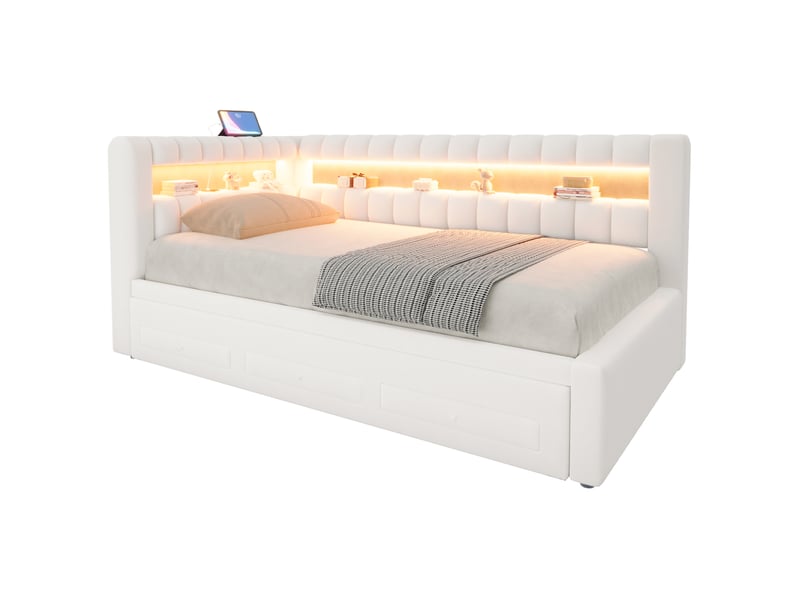  Lit banquette 90x190 cm en velours beige avec lit gigogne, tiroirs, led et usb  - Conforama A