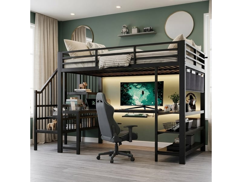 Lit mezzanine gaming 120x200 cm avec bureau en u et led noir - Conforama D