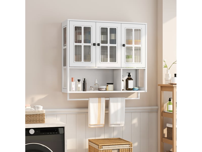  Armoire murale 88x26x82,5 cm, moderne, rangements ouverts et fermés, meuble salle de bain, en mdf, métal, blanc  - Conforama B