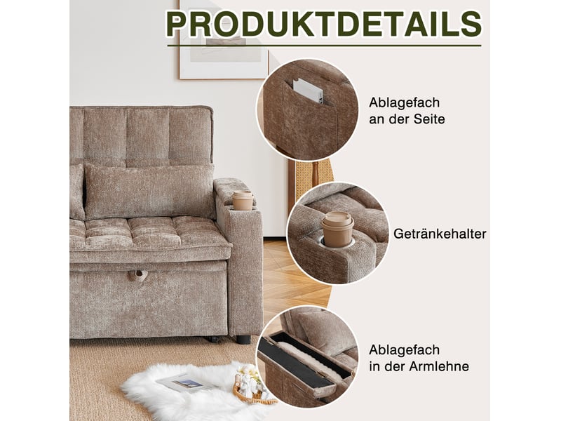  Canapé-lit 3-en-1 142x89x89 cm convertible, 2 porte-gobelets, 2 coussins lombaires, rangements, chenille marron  - Conforama E