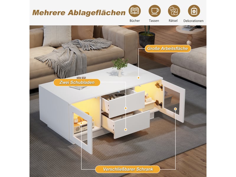  Table basse avec led et rangement 100x50x40 cm mdf blanc  - Conforama R