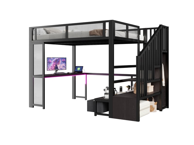  Lit mezzanine enfant 140x200 cm en métal noir avec bureau, led, usb, rangement et armoire ouverte, sans matelas  - Conforama A