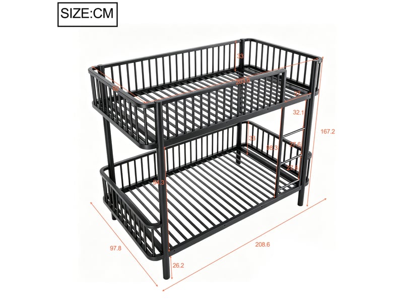 Lit superposé enfant 90x200 cm noir métal, dimensions 208,6x97,8x167,2 cm, barrières de sécurité - Conforama C