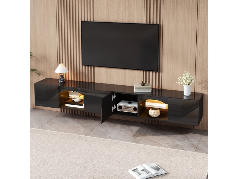 Meuble tv 200x30x28 cm noir brillant avec led, 4 portes et 2 niches  - Conforama B
