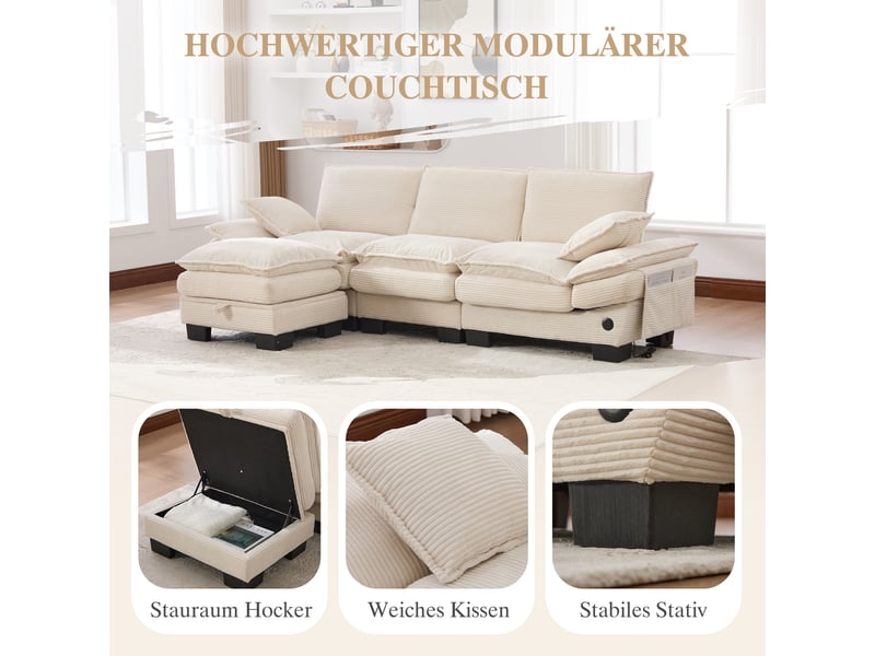  Canapé d'angle 3 places en velours côtelé beige avec hocker et usb-c intégré, assise large  - Conforama D
