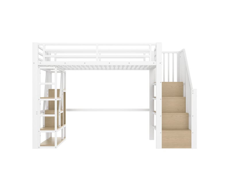 Lit mezzanine enfant 90 x 200 cm marches-rangements sécurité barrière led multicolore métal+mdf blanc sans matelas  - Conforama A