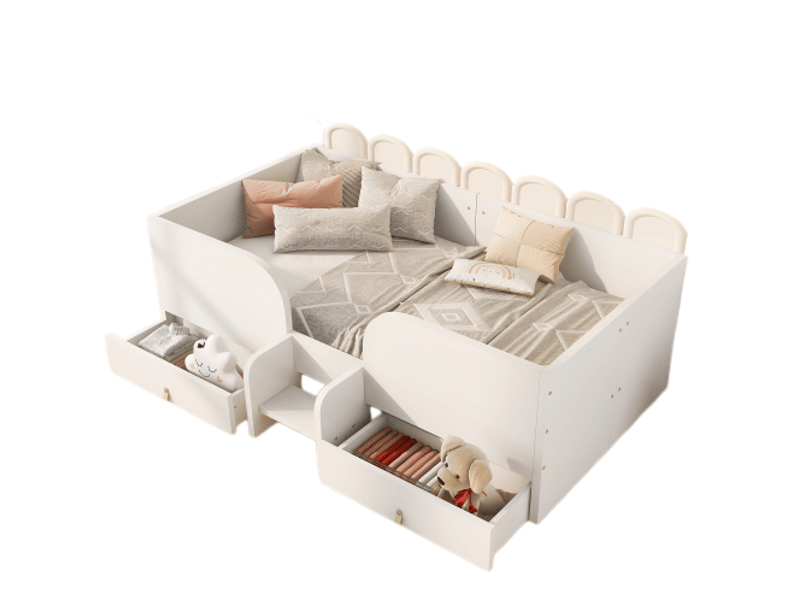  Lit enfant 90 x 200 cm en bois, 2 grands tiroirs, petite échelle de sécurité, barrières latérales, blanc Morn Vibe - Conforama A