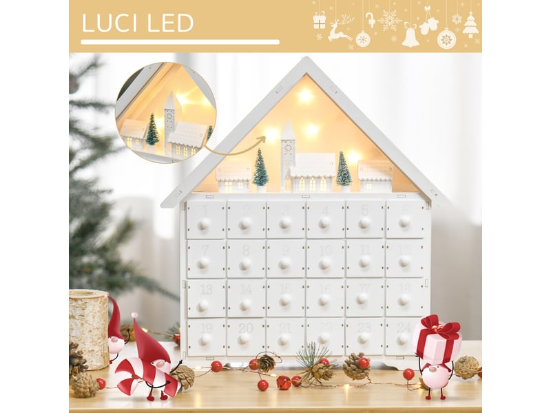  Calendrier de l'avent en bois à remplir, avec 24 tiroirs et village de noël décoré de sapins et de lumières,39 x 9 x 42 cm  - Conforama D