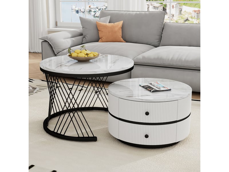  Table basse gigogne effet marbre blanc - lot de 2 tables rondes avec 2 tiroirs  - Conforama W
