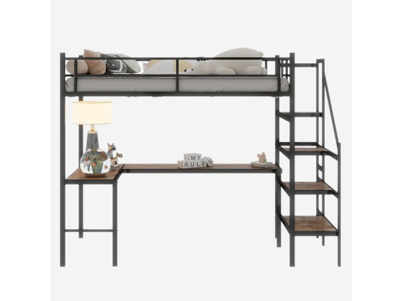  Lit mezzanine avec bureau, étagères, tiroir et rangement ouvert, en métal noir, sans matelas  - Conforama D