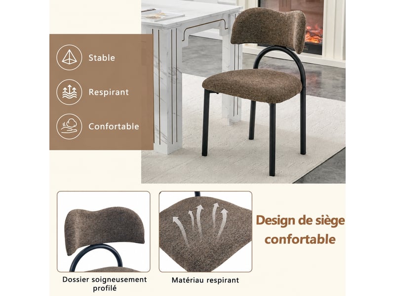 Chaises de salle à manger lot de 2 rembourrées, tissu marron, pieds métal noir - Conforama D