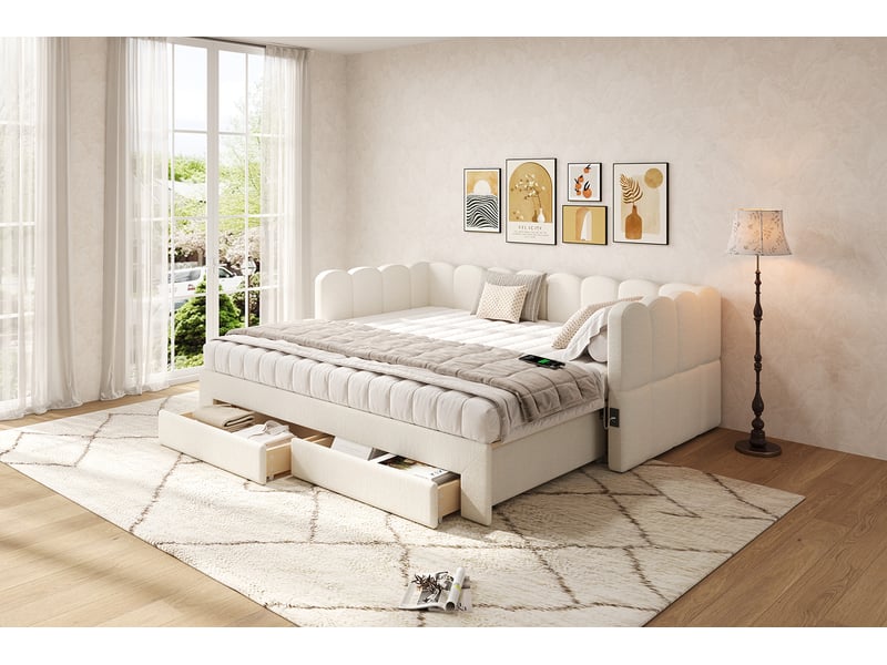  Lit banquette gigogne 90x190 cm extensible à 180 cm en lin beige avec 2 tiroirs et usb  - Conforama B