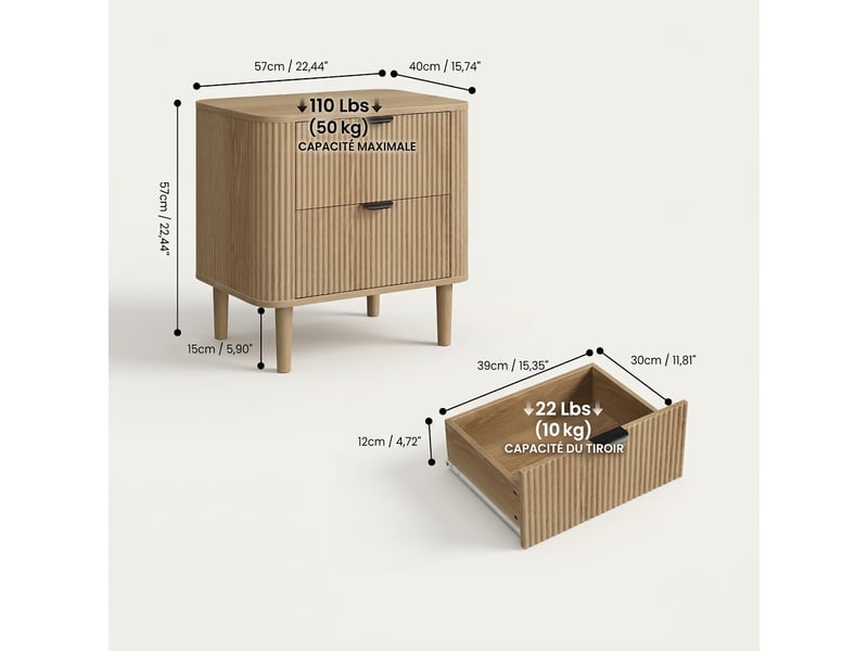  Table de chevet chêne naturel avec 2 tiroirs, bords arrondis, 57x40x57 cm  - Conforama C