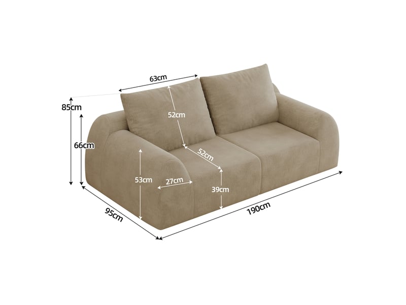  Canapé droit 2 places en mousse haute élasticité sans outils, revêtement en tissu chenille kaki, 190 × 95 × 85 cm  - Conforama C