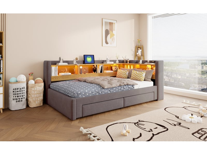  Lit gigogne,90x200cm/180x200 cm,3 en 1 avec tiroirs led prises,velours,gris  - Conforama B