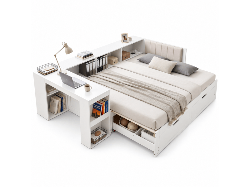  Lit double 3 en 1 2 places 180x200 cm avec bureau intégré, tiroirs sous lit, étagères ouvertes, tête de lit rembourrée, sommier à lattes, blanc mat  - Conforama A