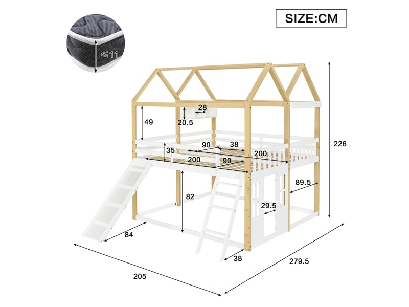  Lit mezzanine enfant 90x200 cm avec toboggan blanc et bois clair, espace de jeu modulable, sans matelas  - Conforama C