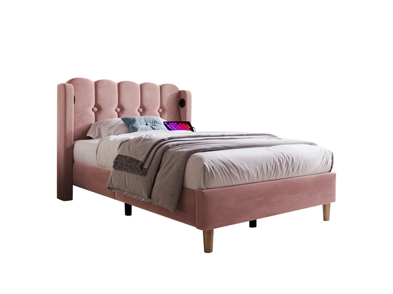  Lit rembourré, lit enfant 90x200 cm, usbusb-c, velours rose, matelas inclus  - Conforama B