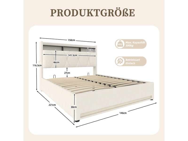  Lit coffre rembourré 140 x 200 cm, rangement hydraulique, tête de lit avec rangement, led, usb-c, velours, beige Bliss Lite - Conforama C