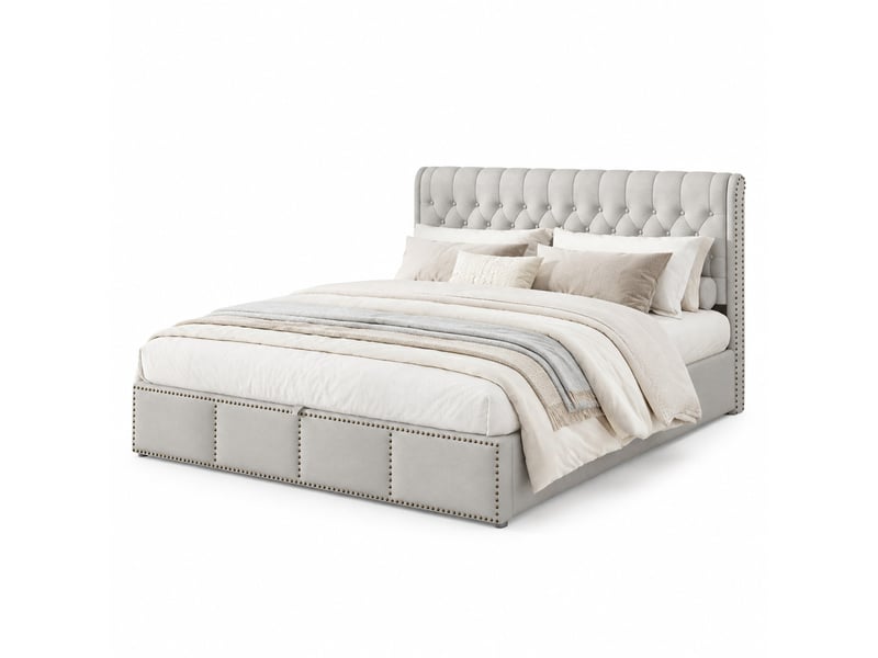  Lit coffre 180 x 200 cm en coton-lin avec sommier à lattes, sans matelas, gris clair  - Conforama A