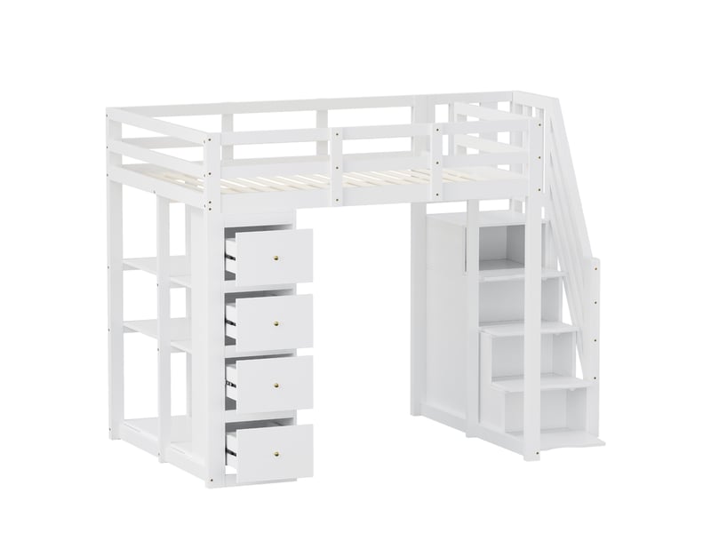 Lit mezzanine 200×140 cm avec 4 tiroirs, étagère à 3 niveaux et escalier avec rangement, en bois blanc - Conforama E