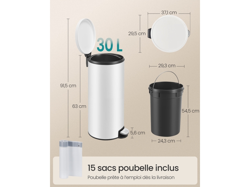  Poubelle ronde avec pédale 29,5 x 37,1 x 63 cm pratique pour cuisine salle de bain en acier blanc 12_0012090  - Conforama B
