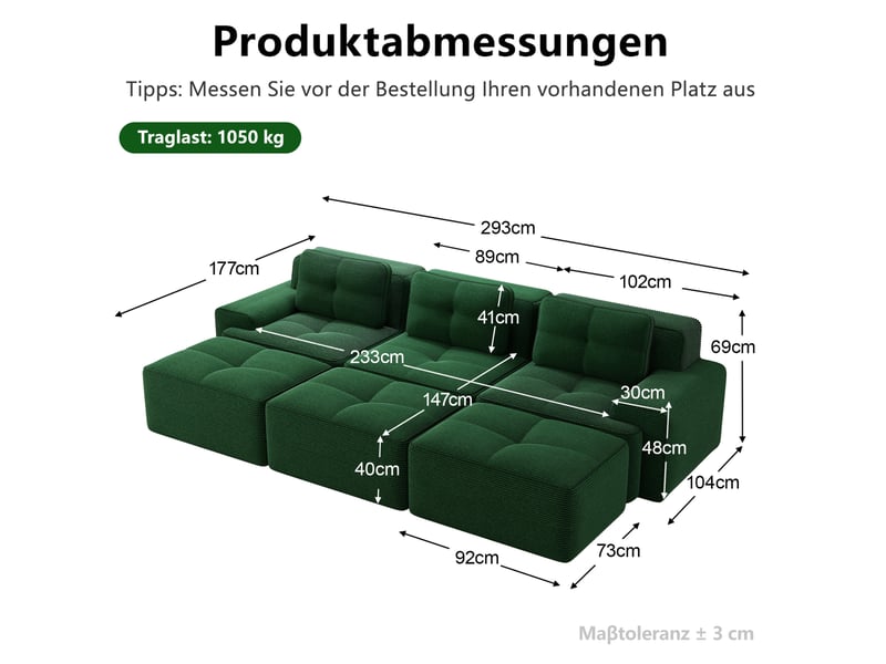  Canapé modulable convertible 3 places avec 3 poufs en velours côtelé vert  - Conforama E