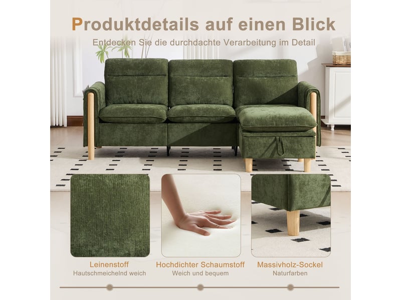 Canapé d’angle modulable 3 places avec pouf de rangement, méridienne réversible, tissu chenille, poches latérales, vert  - Conforama E