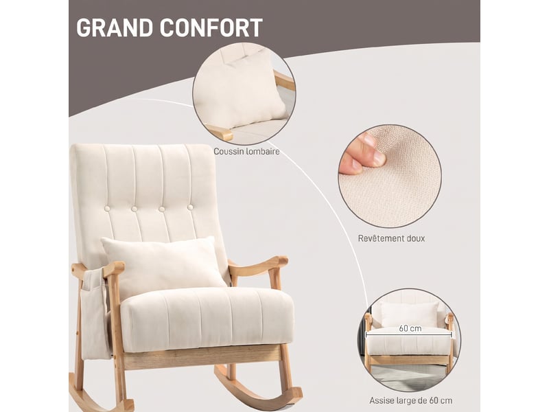  Fauteuil à bascule avec coussin lombaire en tissu effet lin beige 65 x 90 x 98 cm  - Conforama E