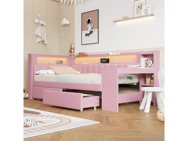  Lit rembourré 90x200 cm rose, bureau et deux tiroirs, éclairage led et usb intégrés pour enfants.  - Conforama D
