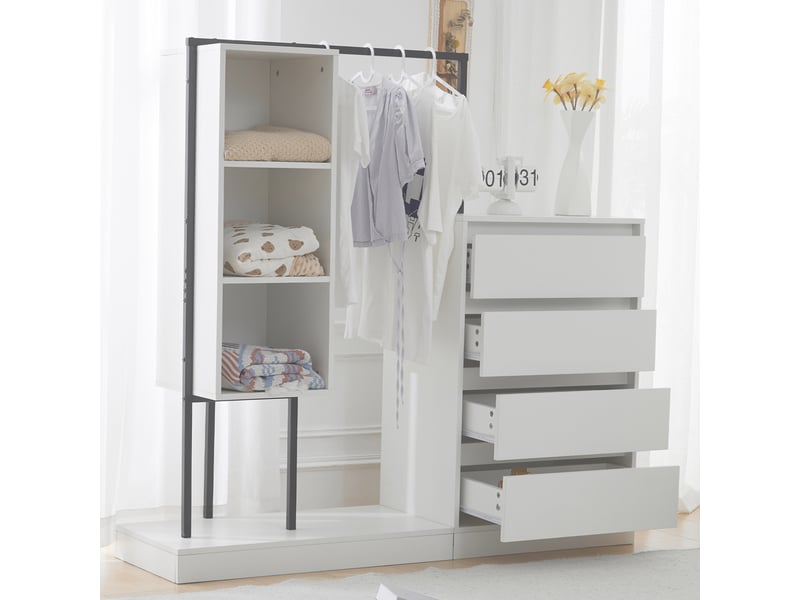  Armoire de rangement 140 x 40 x 135 cm avec 4 tiroirs, 3 étagères ouvertes et penderie, blanc  - Conforama B