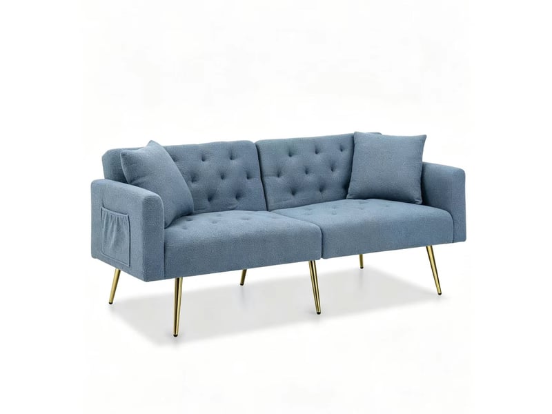  Canapé 2 places moderne en bouclé teddy bleu avec dossier réglable 3 positions et 2 coussins  - Conforama D