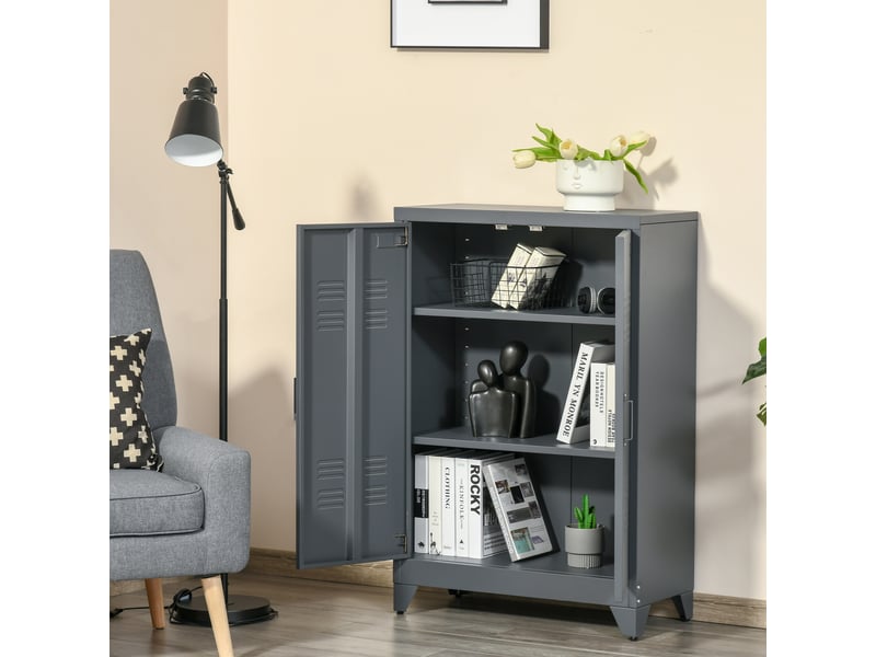  Armoire de bureau à 3 niveaux, meuble de rangement bureau métallique avec étagères réglables et 2 portes  - Conforama D
