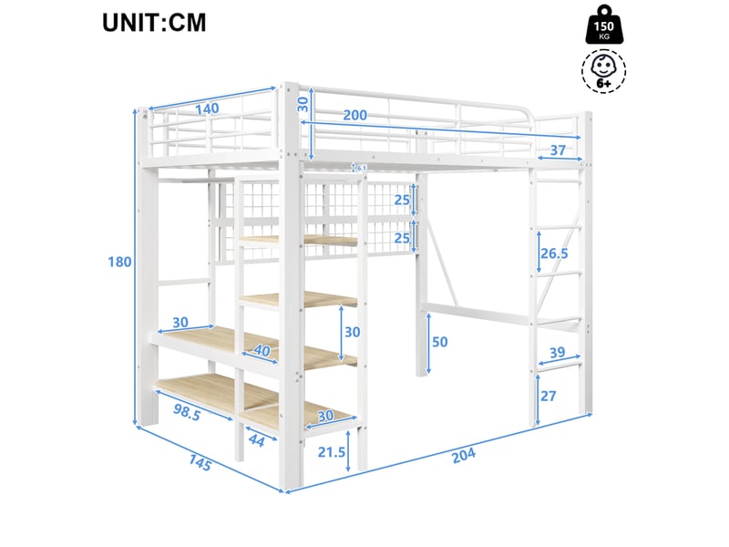 Lit mezzanine 140 x 200 cm avec rangement, cadre en métal, éclairage led réglable par application - Conforama C
